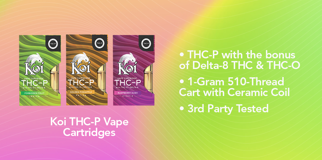 Koi THC-P Vape Cartridges with bullet points of primary selling points